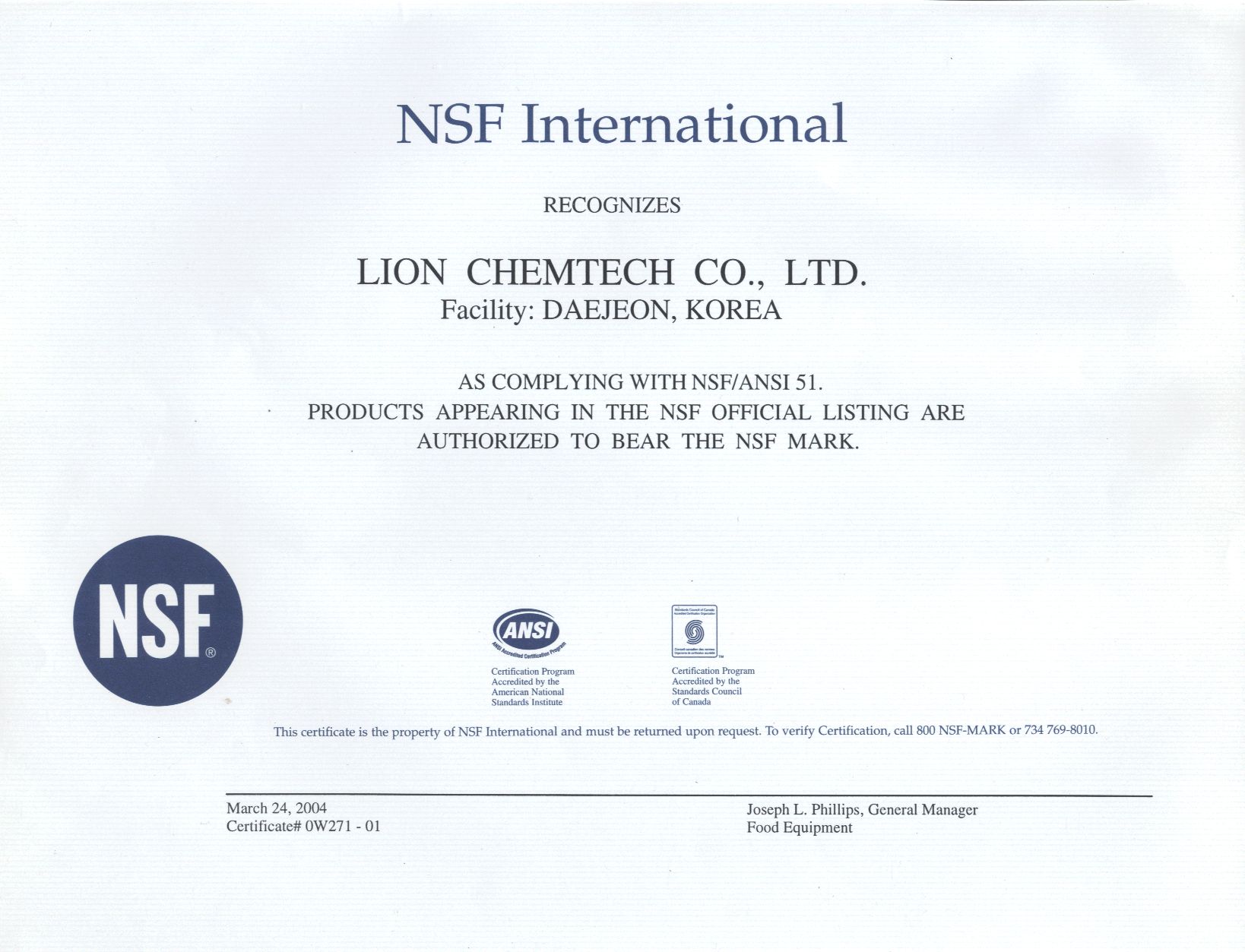 Lion Chemtech Co. Ltd. Vastavus NSF ANSI51 standarditele